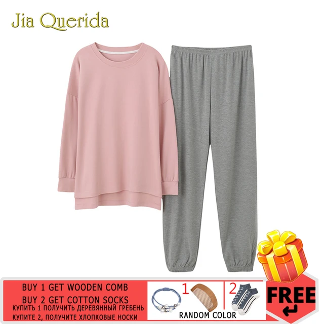 US $8.48 Minimalist Style Women's Sleepwear Loose Size Pink Top Grey Pants Women's Two Pieces Cotton Pjs Stu