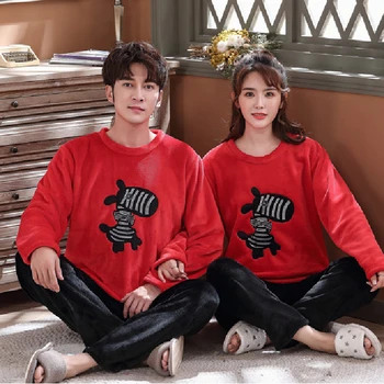 

Harrill Autumn Winter Flannel Couple Pajamas Set Warm Plus Size Home Pajamas 2PCS Cartoon Pattern Women Men Sleepwear Nightwear