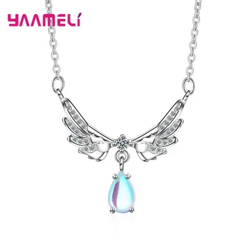 

Women Girl Angel Wings 925 Sterling Silver Jewelry Moonstone Clavicle Chain Korean Style Pendant Necklace for Party Wedding