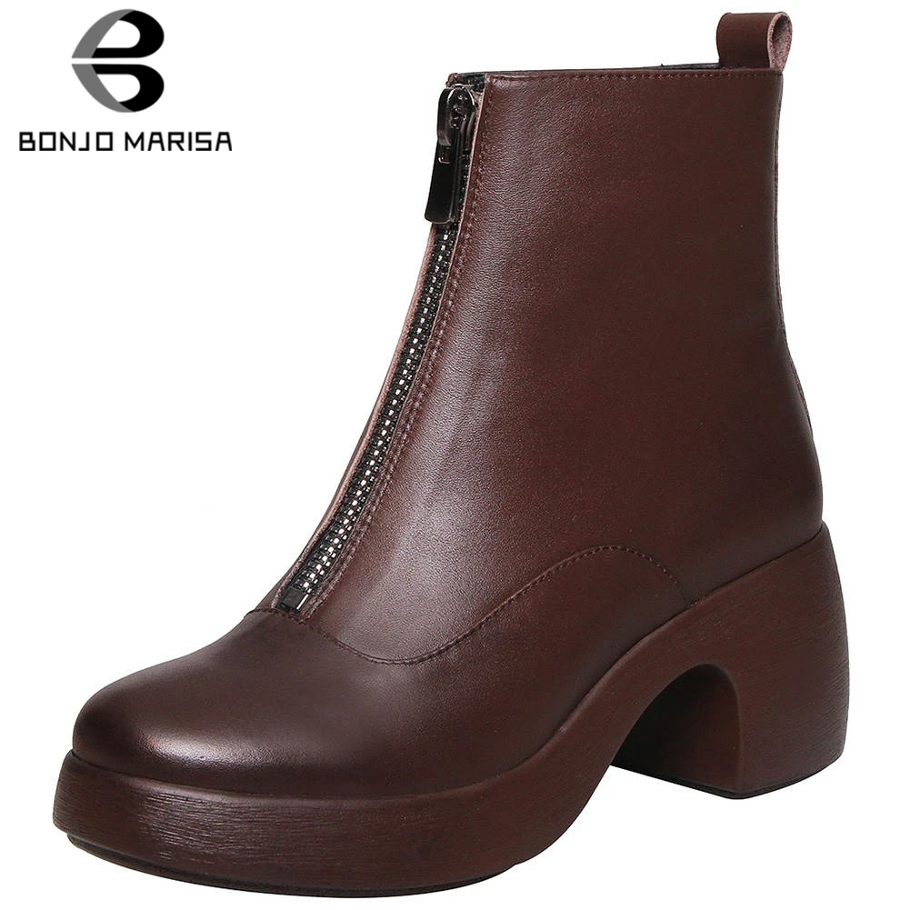 

BONJOMARISA Brand Retro Platform Zipper Booties Ladies Whole Genuine Leather Ankle Boots Women 2020 High Wide Heels Shoes Woman