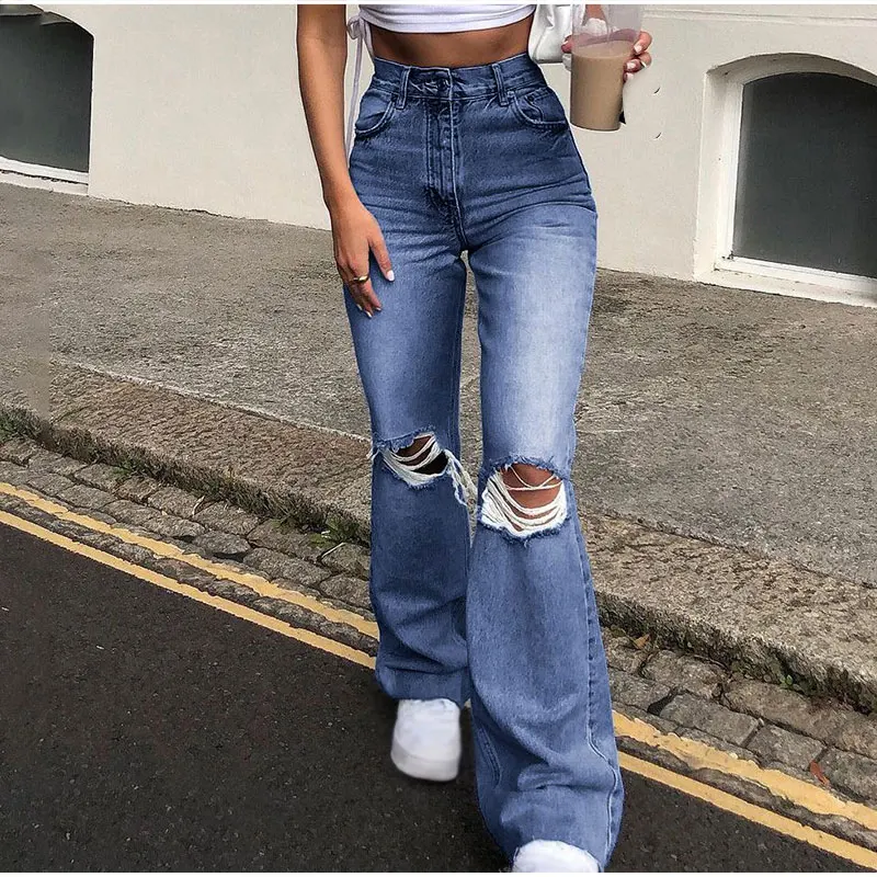 Jeans strappati per donna pantaloni a vita alta Plus Size pantaloni larghi  larghi pantaloni da donna Vintage Sexy Jeans cerniera blu nero 2XL|Jeans| -  AliExpress