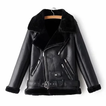 

New Style Women Long Sleeve PU Leather Jackets Biker Style Warm Coat for Winter Outdoor
