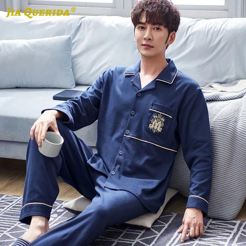 Mens Pajama Set 100% Pure Cotton High Quality Sleepwear for Men Royal Blue Cardigan Badge Embroidery Pocket Cotton Man Big Set