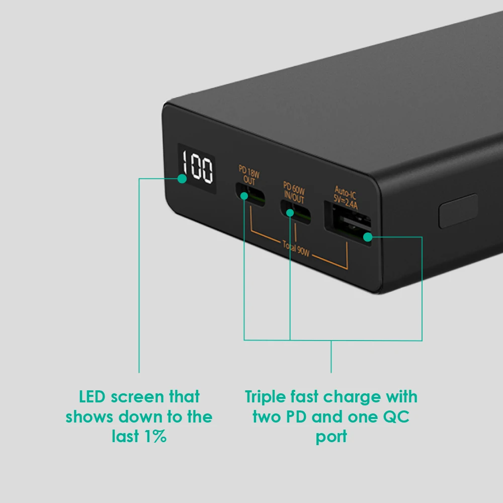 RYKO ATOM PLUS 파워 뱅크, 20000 mAh USB-C, 60W