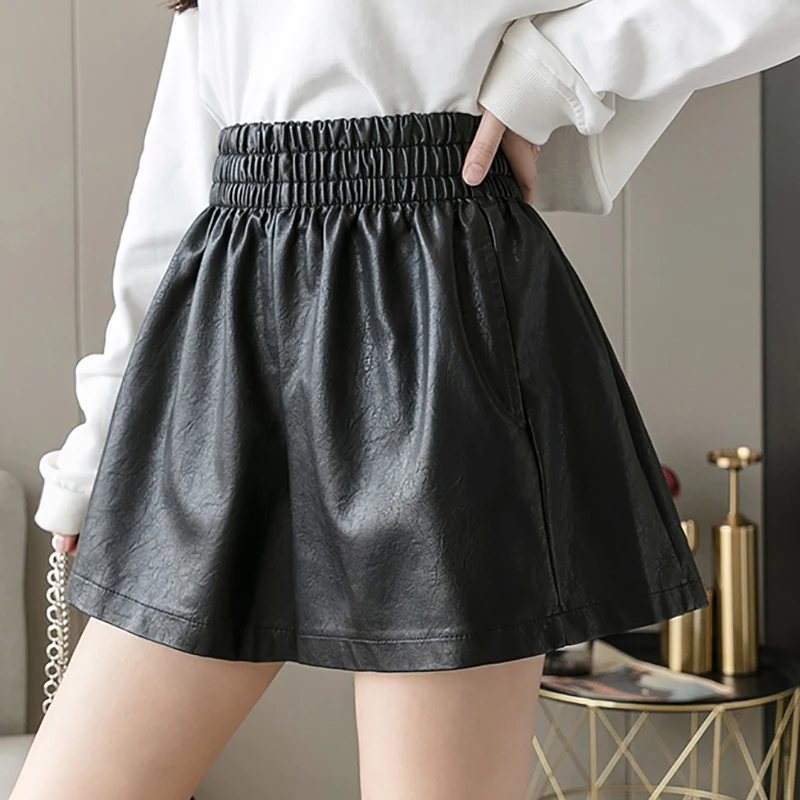 

Black Elastic High Waist PU Shorts Women Loose Faux Leather Streetwear Sexy Wide Leg Shorts Female Pantalones Cortos de Mujer