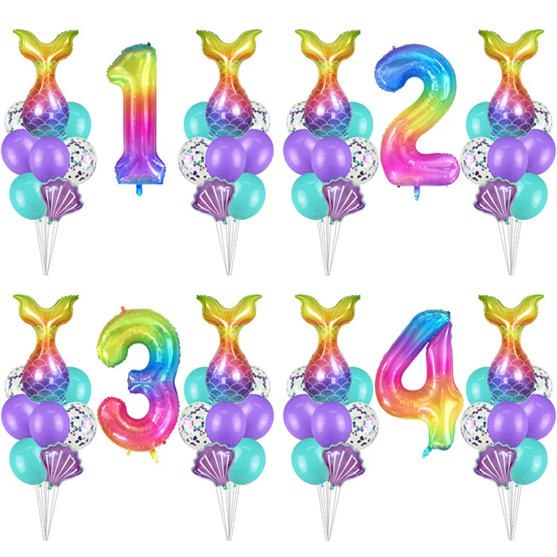 17Pcs/set Mermaid Tail Shell Balloons Rainbow Number Foil Balloon Kids