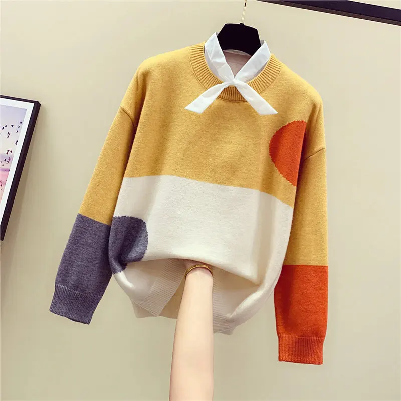 Neploe Pull Femme женский поддельный свитер из двух частей контрастный цвет длинный рукав О-образный вырез трикотаж осень зима низ Pull Femme 55555