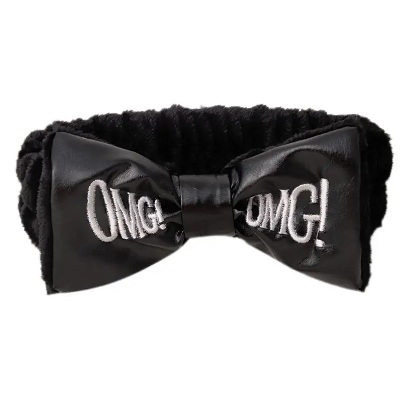 

Women Thicken Plush Winter Headband OMG Letters Embroidery Faux Leather Bowknot Wide Hairband Face Wash Makeup Party Headwrap