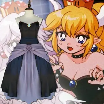 

Hot Game Super Mario Bros Series Bowser Peach Cosplay Costume Bowsette Princess Bowser Black Dress Set