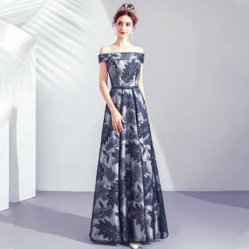 

Evening Dresses Navy Blue Pattern Formal Dress Floor Length A-Line Elegant Prom Gowns Off Shoulder Lace Up Robe De Soiree E217