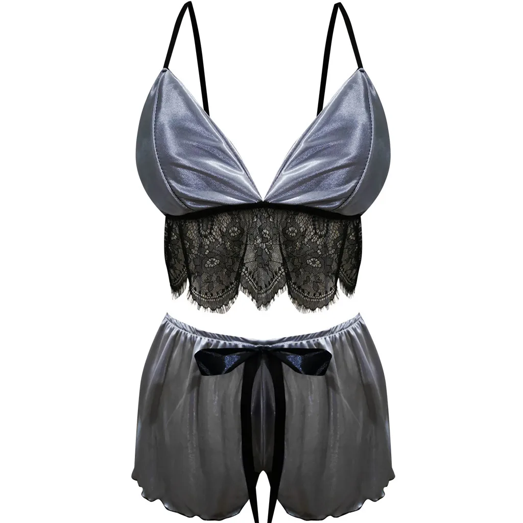 

Sexy Lingerie Women Satin Silk Pajama Set Spaghetti Strap Sleepwear Lace Sexy 2Pcs Pijama Pyjamas Women Home Clothes Bathrobe #W