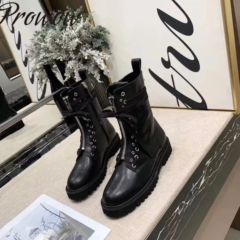 

Prowow New Genuine Leather Quality Branded Round Toe Ankle Boots Goadiator Lace Up Low Heel Autumn Winter Boots Shoes Women