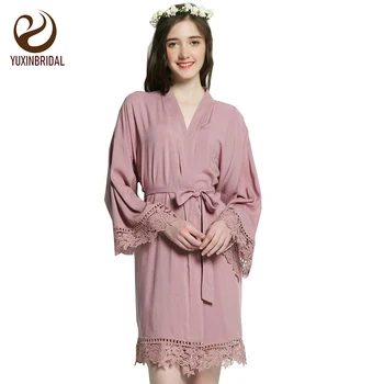 

robe lace mauve Solid Rayon Cotton Bridesmaid Robes With Lace Trim Women Wedding Bridal Robe Kimono bride robes