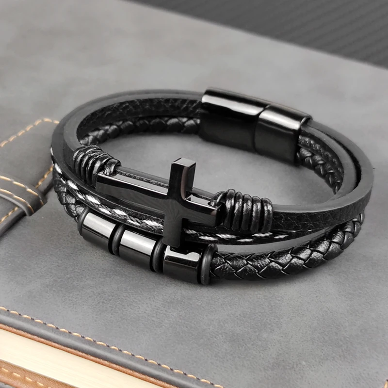 MingAo New Custom Engraved Family Name Beads Cross Bracelets Black Braided Leather Stainless Steel Bracelets for Men Fathers - Image 4