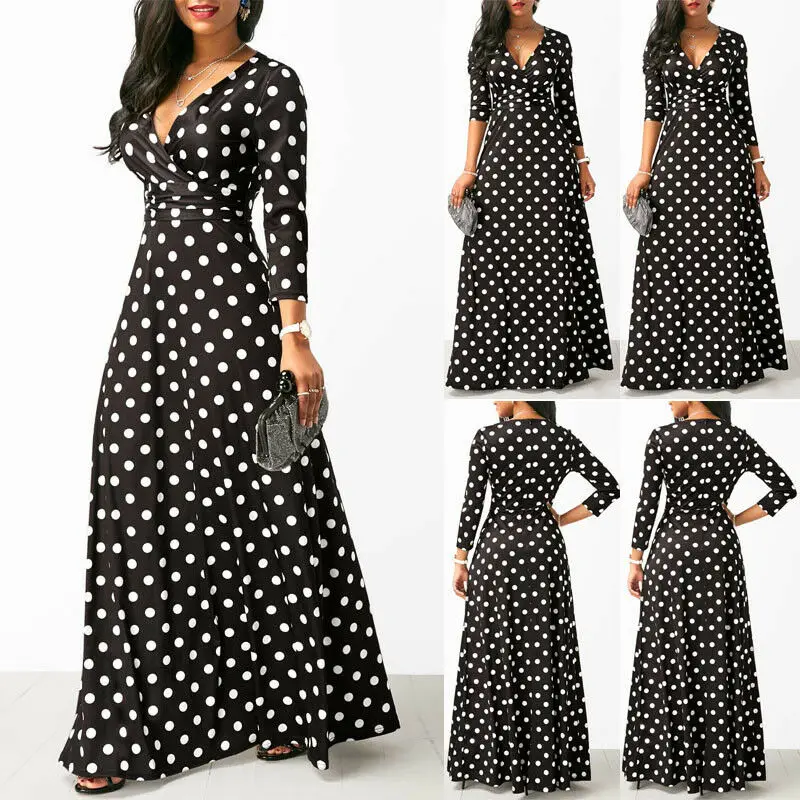 Women Polka Dot Long Sleeve Boho Dress Elegant Vintage Women Dresses Evening Party V Neck Maxi Long Dress Fashion Ladies Dresses