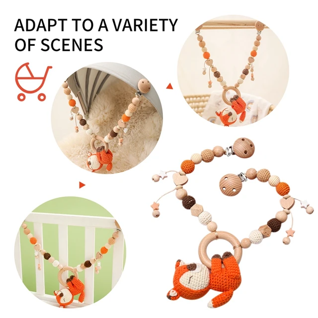 Baby Bed Hanging Rattle Toy Wooden Fox Bird Elephant Shape  Teether Crochet Beads Pram Mobile Clip Pacifier Chain Chewable Toys 4