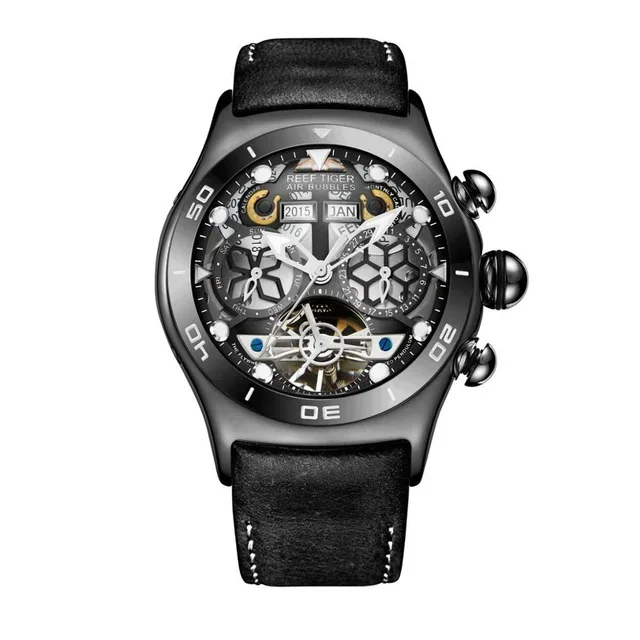 Reef Tiger Роскошные Розовое Золото Скелет Автоматические наручные часы Tourbillon кожаный ремешок часы водонепроницаемые спортивные часы для мужчин RGA703 - Цвет: RGA703-BBB