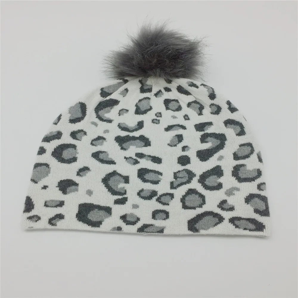 Light Grey Leopard Женская шерстяная леопардовая шапочка из искусственного меха с помпоном для девушек, жаккардовая кашемировая зимняя шапка для женщин и взрослых, Вязаная Мягкая шапка с животным принтом - Цвет: Light Grey Leopard