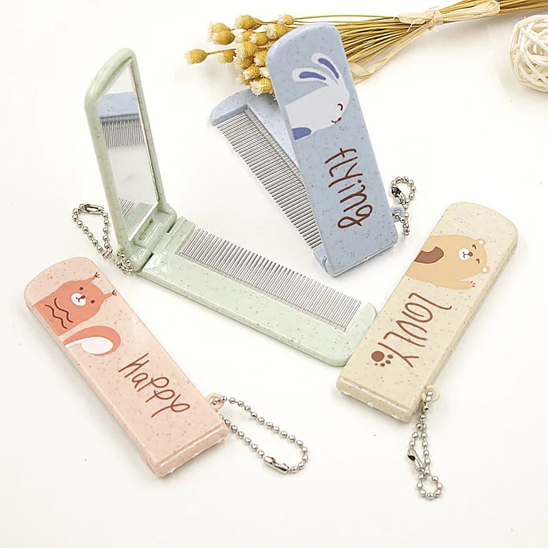 1pc Cute Cartoon Folding Comb With Mirror Hair Brushes For Baby Girls Travel Accessories
