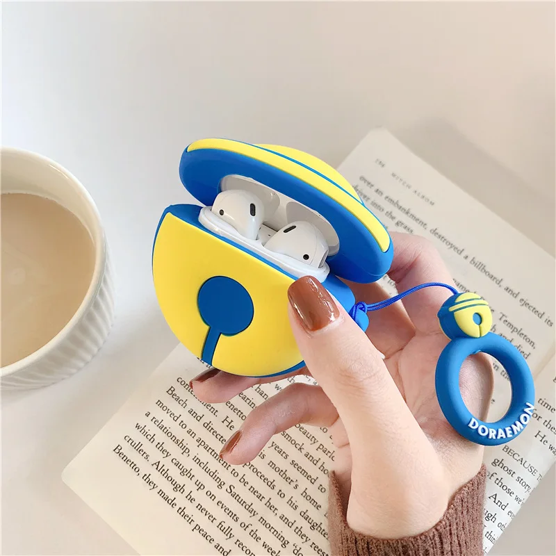 Мультяшный чехол для AirPods милый силиконовый чехол Bluetooth защитный чехол для наушников для Apple Airpods 2 Finger Ring 3D Doraemon Bell