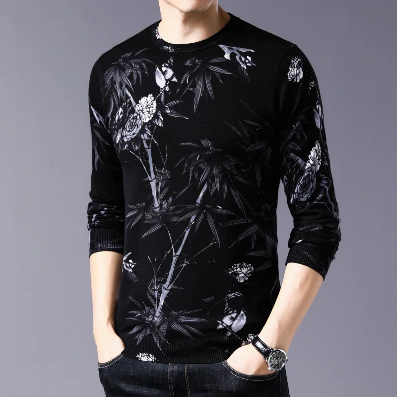 

Black White Printed Sweater Mens Round Neck Pullover Slim Fit Pull Homme Mens M-3XL