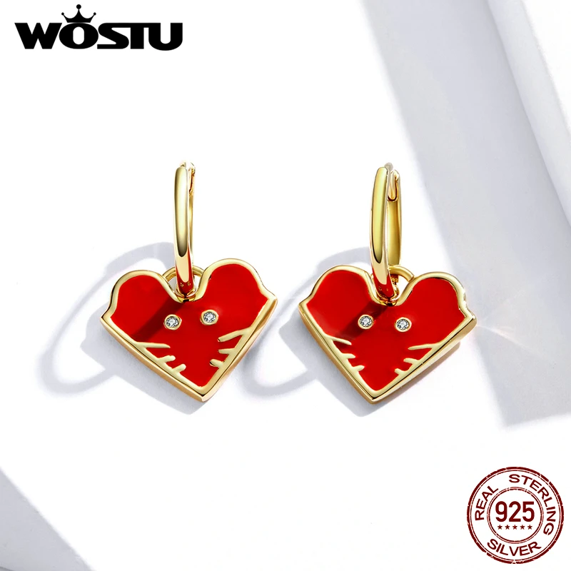 WOSTU Genuine 925 Sterling Silver Lucky Mouse Rat Hoop Earrings Red Enamel Heart Gold New Years Jewelry Gift FIE836 | Украшения и