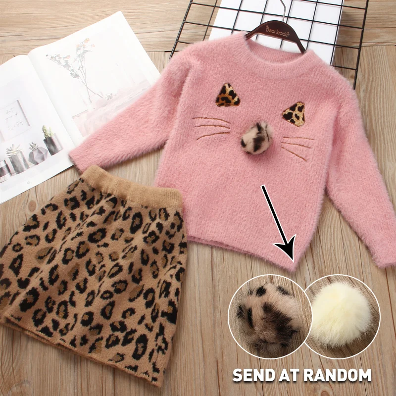 Осенне-зимний комплект одежды для детей; свитер с длинными рукавами для девочек; платье с леопардовым принтом; повседневная детская одежда из 2 предметов; рождественское платье - Цвет: PinkAX1279