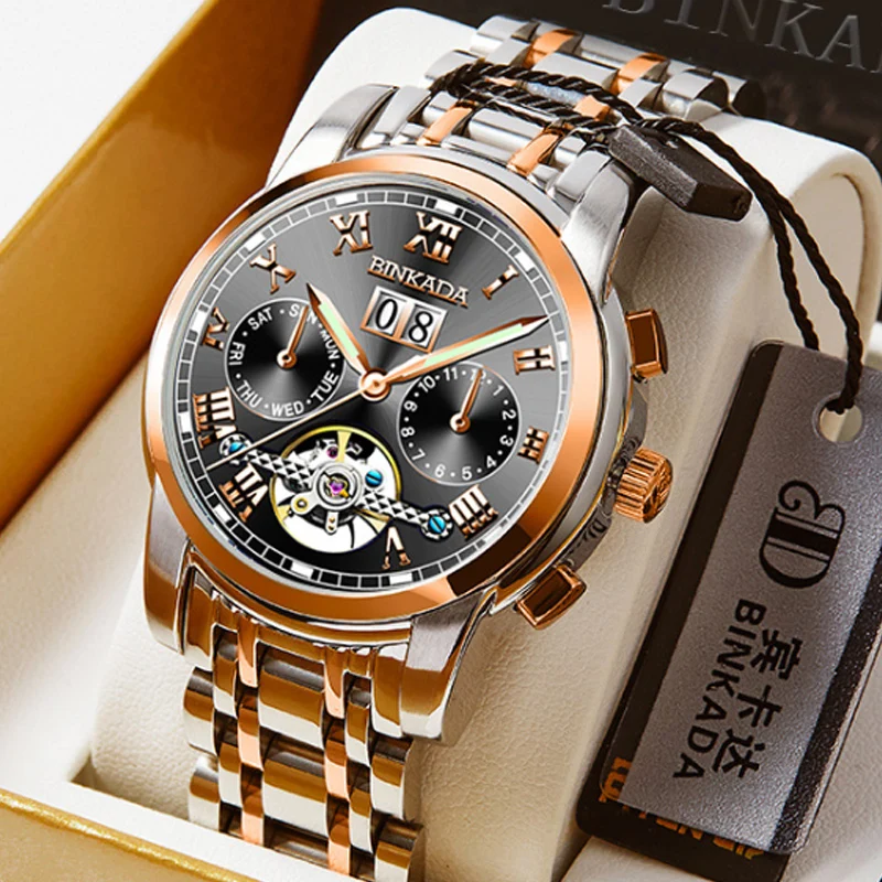 

Genuine Watch Men's Automatic Mechanical Watch New Swiss Waterproof Hollow Tourbillon Business Steel Strip Luminous Watch