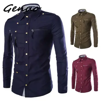 

New Arrival Spring/Autumn Men Long Sleeve Cargo Shirt Casual Slim Fit Fashion Epaulet Double Pocket Mens Dress Shirt M L XL XXL