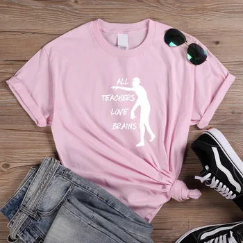 

ONSEME Halloween T Shirt Women All Teachers Love Brains Letter T-shirt Zombie Print Summer Short Sleeve O-neck Top Tee Q-824