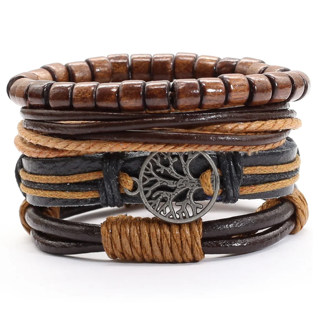 Bracelets Jewelry Wood Beads Tree Multilayer Punk Handmade Homme Brown Khaki Women Charm