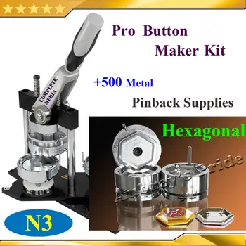 

Free Shipping N3 Hexagonal Badge Button Maker Machine with Interchangeable Die Mould +500 Sets Metal Pinback Supplies