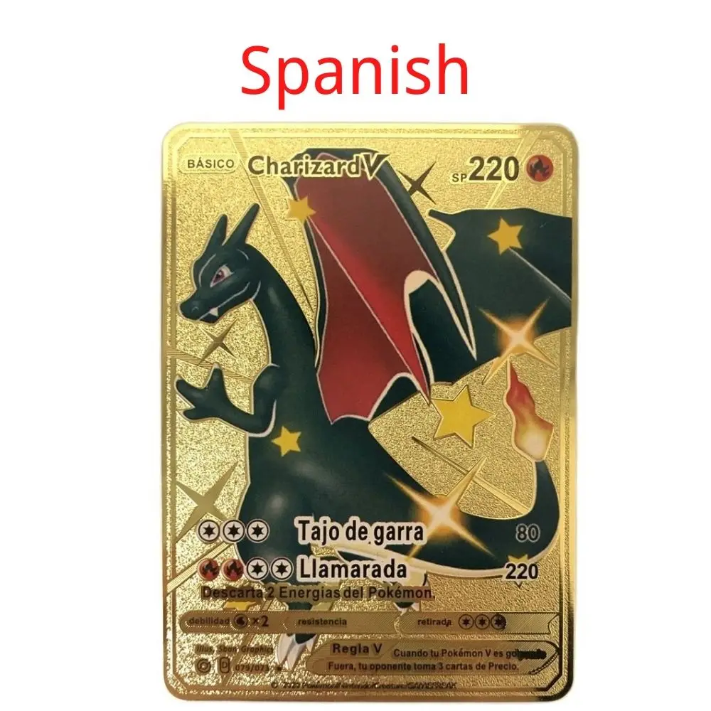 Spanish Pokemon Metal Card Pikachu Fire-breathing Dragon VMAX Gold V/GX/OX Card Toys Play Games Collection Card Children's Gifts