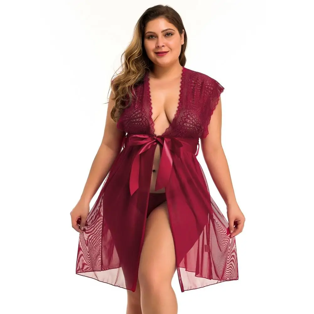 

Fat Sexy Erotic Lingerie Women Lace Hollow-out Night Dress With G String Panty Plus Size Sleepwear See Through Nightgown