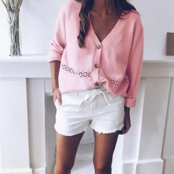 

Fall Women Solid Loose Casual Sweater Cardigans V-Neck Long Sleeve Lace Cardigan Hollow Out Knitted Sweater Ladies