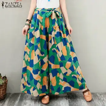 

Plus Size Fashion Printed Trousers Women's Geometric Wide Leg Pants 2020 ZANZEA Elastic Waist Long Turnip Female Summer Pantalon