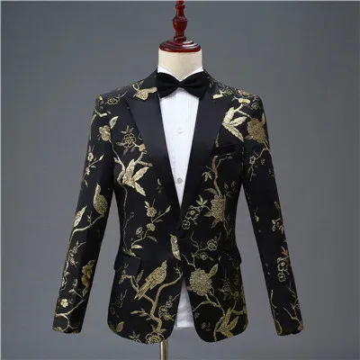 black and gold Черный и красный Винтажный Мужской блейзер с принтом элегантные мужские s пиджак мужские костюмы для выпускного вечера винный смокинг Terno Masculino весенний блейзер для мужчин - Цвет: black and gold