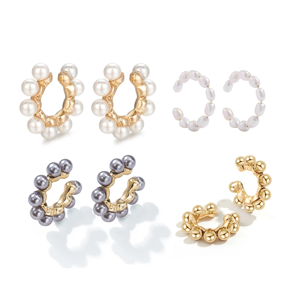 Pendientes de aro con perlas para mujer, aretes apilables sin perforaciones, color blanco y negro