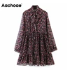 Aachoae Women's Floral Dress Bow Tie Neck Vintage Pleated Dress See Through Sleeve Print Mini Dress Casual Sundress Vestidos ► Photo 3/6