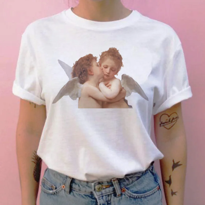 Футболка с ангелом harajuku, с рисунком героев мультфильмов, 90 s, повседневная женская футболка с круглым вырезом, Винтажная футболка, топы, футболки, кавайные эстетические