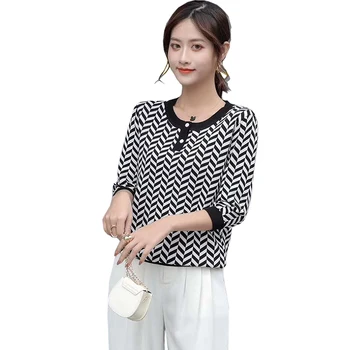 

Summer Plaid Knit Sweater Middle sleeve Thin Knitting Sweater women 2020 New Brand Design Summer casual Elastic force knit Tops