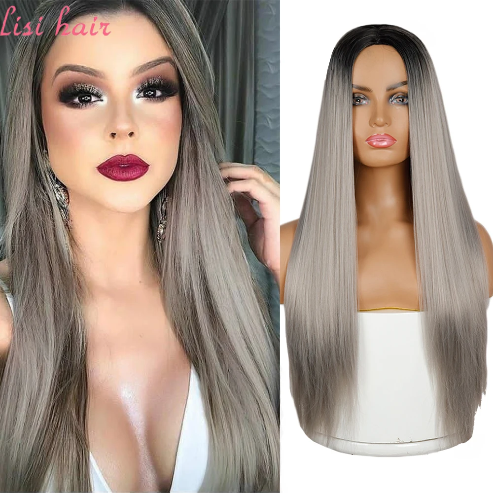 

LISIHAIR Silver Gray Brown Gold Gradient High Density Long Straight Hair Synthetic Ladies Wig Daily Vacation Cosplay Wig