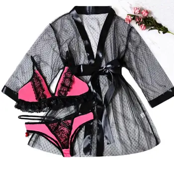 

3PC Night Gown New Women Plus Size 3XL-5XL Bra +Thong +Robe Sexy Lingerie Set Underwear Sleepwear Vrouwen Push Up