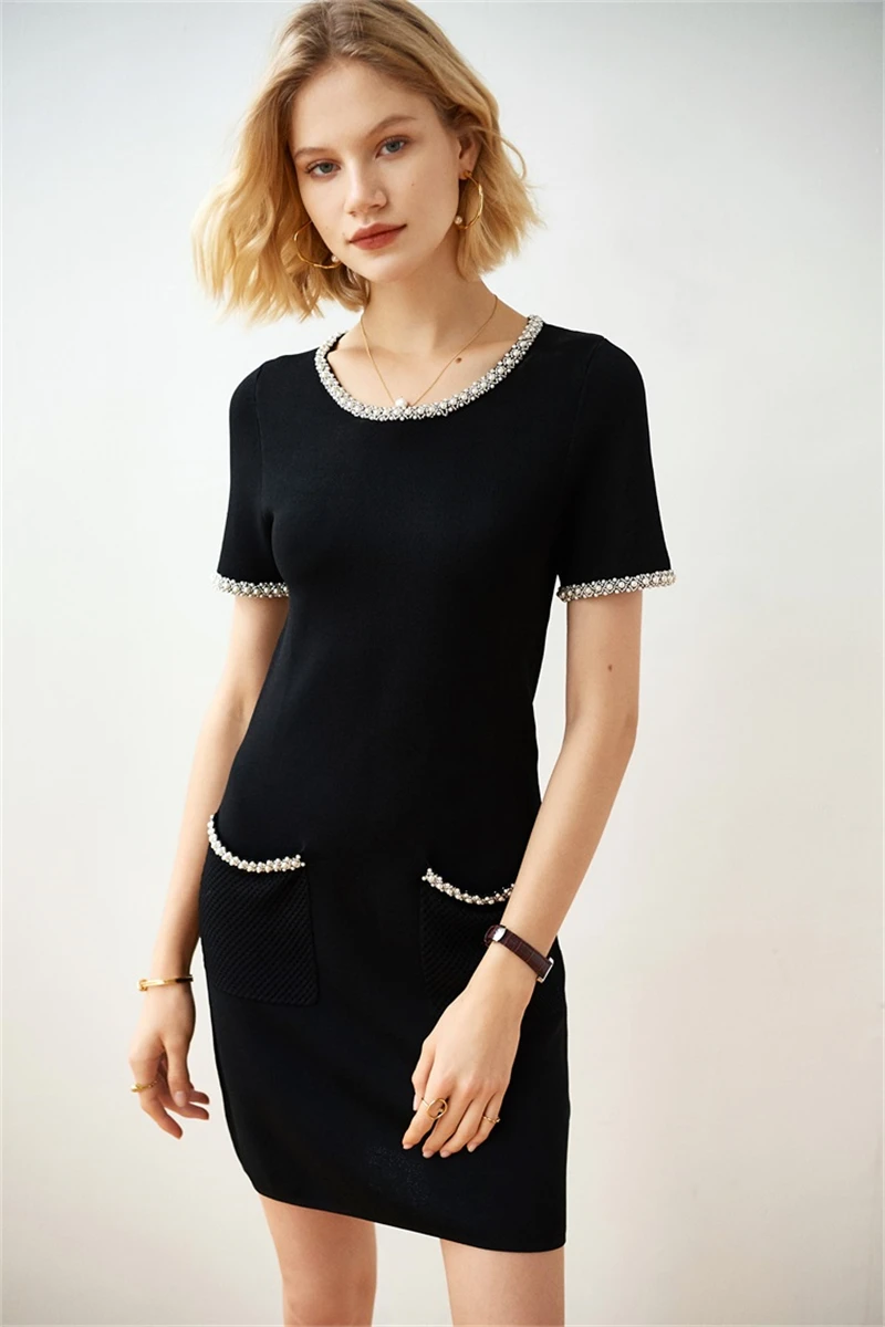 Tunjuefs Slim Fit выдалбливают карманы вязаное платье для женщин Vestido жемчужное Бисероплетение элегантное облегающее платье пуловеры комбинезон