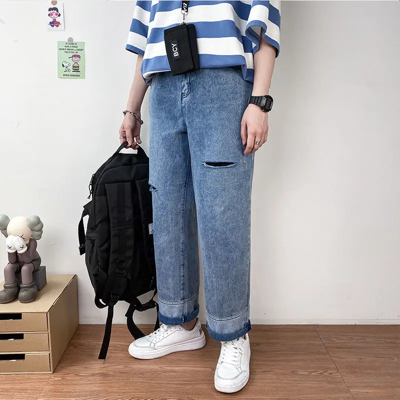 

Summer Thin Ripped Jeans Men's Fashion Retro Casual Straight Jeans Men Streetwear Wild Loose Hip Hop Hole Denim Trousers Mens
