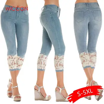 

Plus Size Women Summer Lace Pants Skinny Stretch Cropped Leggings Trousers Capris Pants 3/4 Length Jeans