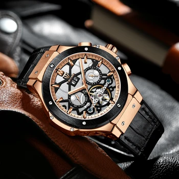 

TEVISE Mens Tourbillon Big dial Automatic Mechanical Watch Man Week Month Calendar Leather Male Clock Watch For Men Wristwatch