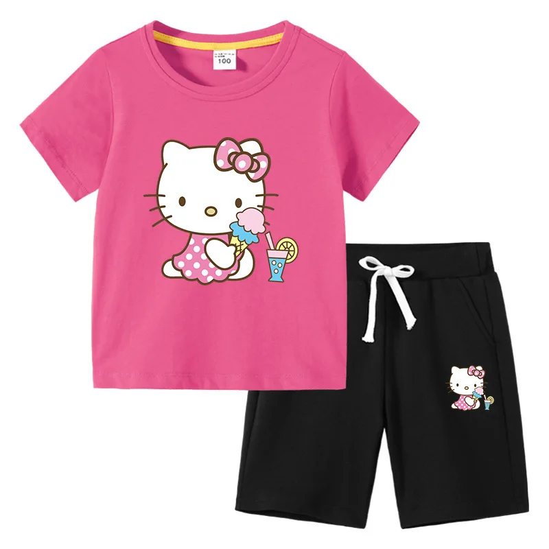 thumbnail image 1 of Hello Kitty verano niños pequeños de algodón de manga corta camiseta traje niños pantalones cortos de manga corta conjunto de dos piezas ropa para niños, 1 of 5