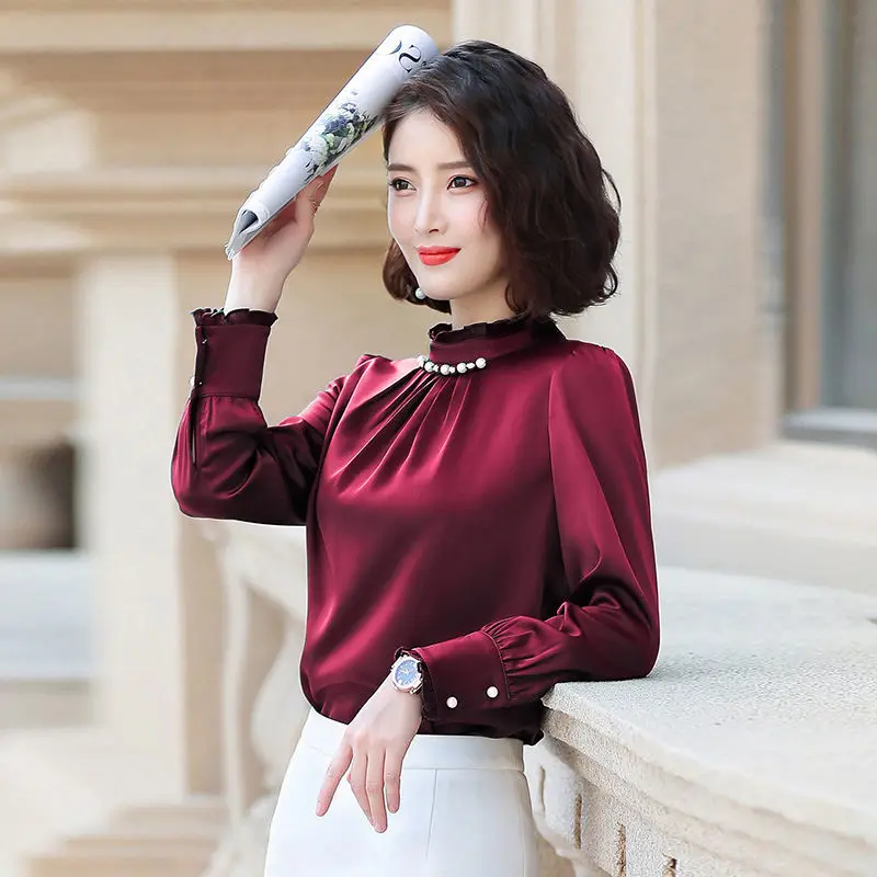 

Korean Fashion Silk Women Blouses Beading Satin Long Sleeve Women Shirts Plus Size XXL Blusas Femininas Elegante Ladies Tops