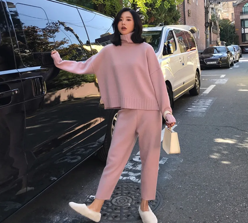 autumn winter Women Turtleneck Warm Knit Tracksuit Fashion Split Knitted Sweater 2 Piece Set Elastic Waist Pants Suits